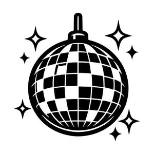 May include: A black and white graphic illustration of a spherical disco ball featuring a checkered pattern of square facets. The design includes a small top attachment loop and is surrounded by four stylized four-pointed star shapes.