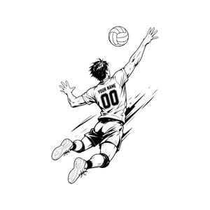 Puede incluir: Una ilustración de arte lineal en blanco y negro de un jugador de voleibol en el aire, alcanzando un balón. El jugador viste una camiseta con el texto YOUR NAME y el número 00 en la espalda, además de pantalones cortos y zapatillas.