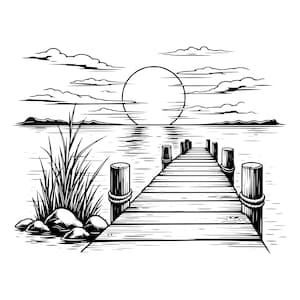 May include: A black and white line art illustration of a wooden pier extending into a calm body of water. A cluster of tall grass and smooth rocks sits in the foreground to the left. A large sun hangs in the sky above distant hills and clouds.