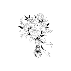 Può includere: Un'illustrazione in bianco e nero a tratto di un bouquet di quattro rose con foglie e rametti. I gambi sono raccolti insieme e legati con un nastro che presenta due estremità fluttuanti. Il disegno mostra contorni netti su sfondo bianco.