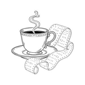 May include: A black and white line art illustration of a steaming teacup on a saucer. A long, curling strip of paper resembling a vintage computer punch card or ticker tape wraps around the saucer, featuring various programming code symbols.