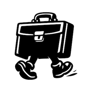Può includere: Un'illustrazione grafica in bianco e nero di una valigetta con manico superiore e chiusura centrale. La valigetta è raffigurata con due gambe e piedi che indossano scarpe, posizionati come se stesse camminando in avanti su una superficie piana.