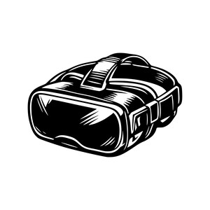 May include: A black and white graphic illustration of a virtual reality headset. The device features a smooth, rounded front visor, adjustable side straps, and a top head strap, rendered with bold lines and high-contrast shading for a stylized look.