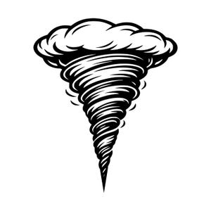 Op de afbeelding: Een zwart-witte grafische illustratie van een tornado. Het ontwerp toont een wervelende, trechtervormige vortex die naar beneden uitloopt vanuit een grote, afgeronde wolkenformatie aan de bovenkant, weergegeven met dikke lijnen.