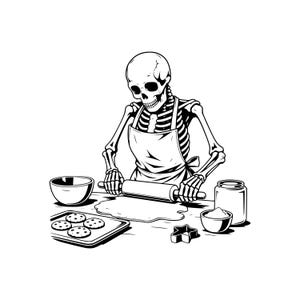 May include: A black and white line art illustration of a skeleton wearing an apron, actively using a rolling pin to flatten dough on a surface. Nearby are a mixing bowl, a baking sheet with four round cookies, a small bowl of flour, and a jar.