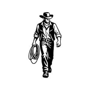 May include: A black and white graphic illustration of a cowboy wearing a wide-brimmed hat, a button-down shirt, a waistcoat, and trousers. The figure is walking forward while holding a coiled lasso in one hand, rendered in a high-contrast style.