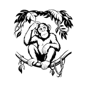Könnte beinhalten: Eine schwarz-weiße grafische Illustration eines Schimpansen, der auf einem Ast sitzt. Der Schimpanse hat eine Hand nachdenklich an den Kopf gelegt und ist von stilisierten Blättern und Ranken umgeben, die über dem Ast hängen.