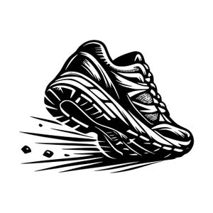 May include: A black and white graphic illustration of a running shoe in motion. The trainer is depicted at an angle with speed lines trailing behind the sole, suggesting rapid movement. The design features detailed textures and laces.