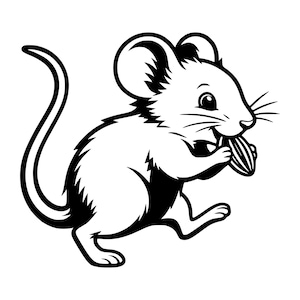 Könnte beinhalten: Eine schwarz-weiße grafische Illustration einer kleinen Maus, die auf ihren Hinterbeinen steht. Die Maus hat große, abgerundete Ohren, lange Schnurrhaare und einen langen, geschwungenen Schwanz. Sie hält eine kleine Nuss in ihren Vorderpfoten.