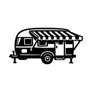 May include: A black and white graphic illustration of a vintage-style travel trailer. The camper features a rounded front, a single wheel, a door, and a prominent striped awning extending over the side. The design is rendered in high-contrast solid black.