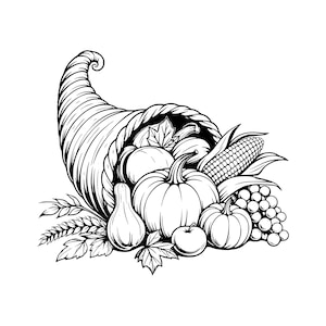 Può includere: Un'illustrazione in bianco e nero a tratto di un corno dell'abbondanza che trabocca di prodotti del raccolto. Il contenitore a forma di corno contiene zucche, una zucca allungata, una pannocchia, uva e spighe di grano, con contorni dettagliati.