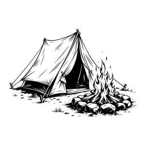 May include: A black and white graphic illustration of a camping tent with an open entrance, positioned next to a crackling campfire surrounded by a circular arrangement of stones on the ground, rendered in a clean, high-contrast line art style.
