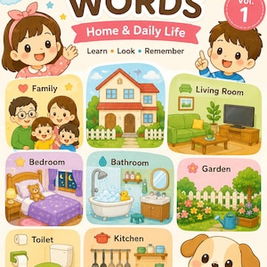 May include: A colourful educational poster titled Japanese Words Vol. 1 Home & Daily Life. It features cartoon illustrations of family, a house, living room, bedroom, bathroom, garden, toilet, and kitchen, with a puppy and various icons.