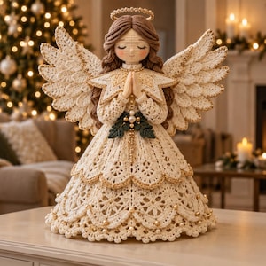 May include: A crocheted angel figurine with brown yarn hair, a gold halo, and large white wings with gold trim. The angel wears a cream-colored lace dress with gold accents, green leaf embellishments, and holds hands in a prayer position.