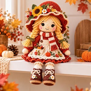 Scarecrow Doll Crochet Pattern PDF, Harvest Bloom Autumn Amigurumi Girl, Sunflower Bonnet Fall Decor, Intermediate Digital Pattern