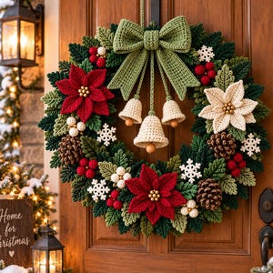 Può includere: Una ghirlanda natalizia circolare realizzata con foglie all'uncinetto verde scuro e chiaro, decorata con fiori di poinsettia rossi e crema, bacche rosse e bianche, pigne marroni, fiocchi di neve bianchi e tre campanelle color crema appese.