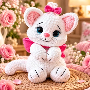 May include: A white crocheted cat plush toy featuring large blue eyes with long eyelashes, a pink nose, and stitched whiskers. The cat has pink inner ears, a small pink bow on its head, and a larger pink bow around its neck, with a long tail.