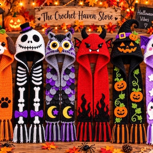 Peut inclure: Six écharpes à capuche en crochet sur le thème d'Halloween : un chien orange, un squelette blanc, un hibou gris, un diable rouge, une citrouille noire et un fantôme violet. Chaque écharpe comporte de longues franges et des détails uniques.