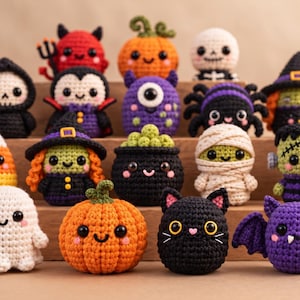May include: A collection of fifteen small, crocheted Halloween-themed figures including a ghost, pumpkin, black cat, bat, candy corn, witch, cauldron, mummy, Frankenstein monster, spider, cyclops, vampire, skeleton, and devil, all with smiling faces.