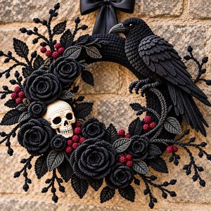 Könnte beinhalten: Ein runder Kranz mit schwarzen gehäkelten Rosen, dunklen Blättern und kleinen roten Beeren. Ein weißer gehäkelter Totenkopf ist zwischen den Blumen platziert, und ein großer schwarzer gehäkelter Rabe sitzt auf der rechten Seite. Oben befindet sich eine schwarze Schleife.