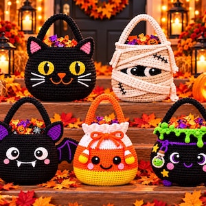 May include: Five crocheted Halloween candy baskets featuring a black cat, a mummy, a bat, a candy corn, and a witch's cauldron. Each basket has a handle and is filled with colorful candy, showcasing detailed stitching and character faces.