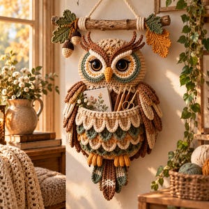 Op de afbeelding: Een gehaakte uil als wandhanger met een buidel op de buik, opgehangen aan een houten tak met eikels en bladeren van garen. De uil is gemaakt in tinten bruin, crème en groen, met grote donkere ogen en een kleine gele snavel.