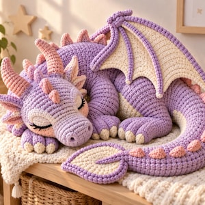 Dragon Crochet Pattern PDF, Sleeping Baby Dragon Amigurumi, Lavender Winged Plush Pattern, Fantasy Nursery Decor Crochet Gift