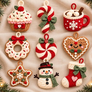 May include: A collection of nine crocheted Christmas ornaments featuring a cupcake, candy cane, hot cocoa mug, wreath, peppermint swirl, heart-shaped cookie, star, snowman, and stocking, all crafted in red, white, green, and brown yarn.
