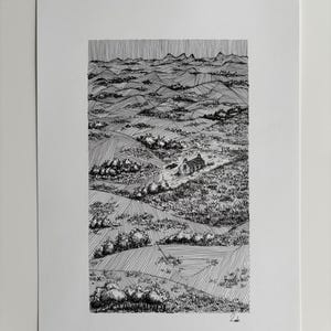 May include: A black and white ink drawing on paper depicting a rolling landscape with fields, trees, and a small stone building. The scene features intricate line work, cross-hatching, and a distant mountain range under a vertical lined sky.