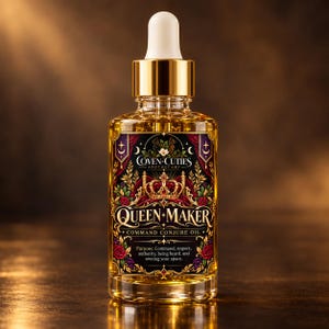 May include: A clear glass dropper bottle filled with golden oil, featuring a gold cap and white dropper tip. The label reads Coven Cuties Apothecary, Queen Maker, Command Conjure Oil, and lists the purpose as command, respect, authority, being heard, and owning your space.