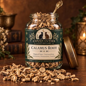 May include: A clear glass jar filled with dried, light brown calamus root pieces. The label reads Coven Cuties Apothecary, Calamus Root, and lists magical uses including commanding, influence, domination, and control. A gold spoon rests inside.
