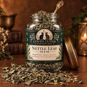 May include: A clear glass jar filled with dried green nettle leaves, featuring a dark green label with the text Coven Cuties Apothecary Nettle Leaf and a gold metal lid. A small gold spoon rests inside the jar, and loose leaves are scattered.