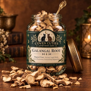May include: A clear glass jar filled with dried, sliced galangal root, featuring a dark green label with the text COVEN CUTIES APOTHECARY, GALANGAL ROOT, and a list of magical uses. A gold-colored metal lid rests beside the jar on the surface.