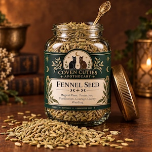 May include: A clear glass jar filled with fennel seeds, featuring a dark green label with the text Coven Cuties Apothecary, Fennel Seed, and Magical Uses: Protection, Purification, Courage, Clarity, Warding. A gold metal spoon rests inside.