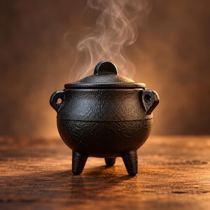 May include: A black cast iron cauldron with a rounded body, three short legs, and two side handles. The pot features a matching lid with a central knob, and visible steam rises from the top, indicating heat within the textured metal vessel.