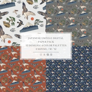 May include: A digital paper pack featuring four repeating patterns with Japanese motifs including Mount Fuji, bonsai trees, clouds, and hawks in flight. The text reads: JAPANESE UKIYO-E DIGITAL PAPER PACK, 12 DESIGNS | 4 COLOR PALETTES, 3 SIZES(L / M / S), 日本爛漫.