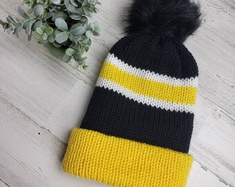 Pennyslvania Football Inspired Knit Pom Pom Beanie - Unisex Adult Winter Hat - Black and Yellow knitted Hat