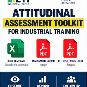 Puede incluir: Un documento Attitudinal Assessment Toolkit for Industrial Training con el logotipo de ETI Industrial Tools. Incluye un icono de plantilla de Excel, dos iconos de PDF y etiquetas de texto para Observe, Record y Follow Up en un diseño blanco y azul.