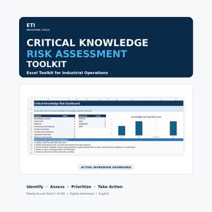 May include: A digital Excel toolkit titled ETI Industrial Tools Critical Knowledge Risk Assessment Toolkit. It features a dashboard with a table and bar chart displaying risk levels, plus the text Identify, Assess, Prioritize, Take Action.