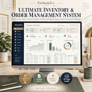 May include: A computer monitor displaying the FinModelCo Ultimate Inventory & Order Management System dashboard. The screen shows inventory overview, sales trends, stock levels, and recent orders. Four circular icons highlight 31 connected sheets, Google Sheets compatibility, sample and clean data, and a 20-page guide. The text indicates this is a digital product.