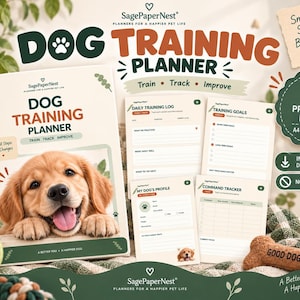 May include: A dog training planner set featuring a cover with a golden puppy, daily logs, training goals, command trackers, and a dog profile page. The text includes Dog Training Planner, Train, Track, Improve, and Small Steps Big Changes.