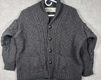 Aran Crafts Cardigan Herren XL Grau Merinowolle Schalkragen Zopfmuster Irland