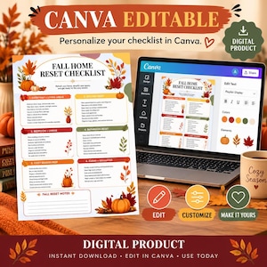 Lista di controllo per il riassetto autunnale della casa, stampabile per le pulizie autunnali, modificabile con Canva (download digitale)
