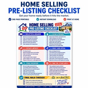 May include: A home selling pre-listing checklist document featuring six numbered sections: Declutter & Organise, Clean & Freshen, Repair & Improve, Boost Curb Appeal, Stage for Buyers, and Final Pre-Listing Check, with a final walk-through section.
