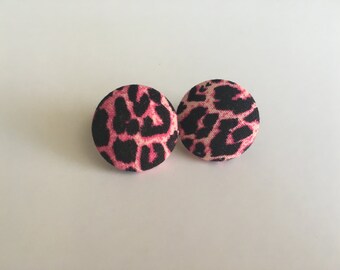 Pink Animal Print Fabric Button Earrings