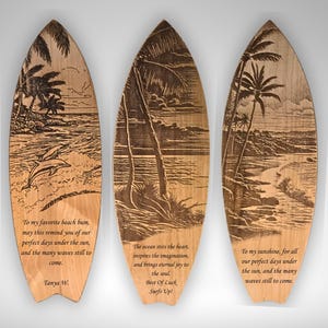 Personalized Engraved Surfboard Plaque, Custom Beach House Decor, Wooden Surf Art, Ocean Waves & Palm Trees