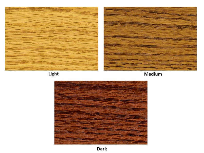 May include: Three wood samples showing different stain colors: light, medium, and dark.