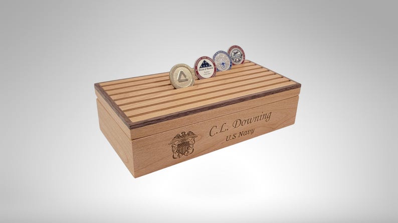 Engraved Military Challenge Coin Display Box: Alder & Walnut Veteran Gift image 10