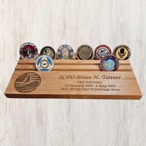 Engraved Navy Challenge Coin Display: Submarine Military Desk Holder