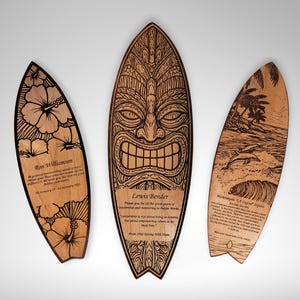 Custom Engraved Surfboard Plaque, Personalized Wooden Beach Decor, Hawaiian Art, Tropical Wall Hanging, Tiki Bar Sign